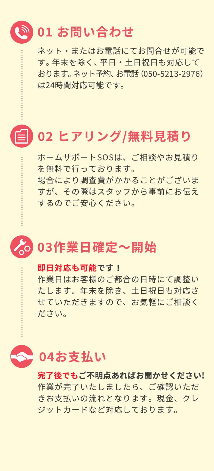 ①お問い合わせネット・またはお電話にてお問合せが可能です。年末を除く、平日・土日祝日も対応しております。ネット予約は24時間対応可能、お電話(050-5213-2976)は8:00～19:00まで対応可能です)②ヒアリング。無料見積もり無料お見積りホームサポートSOSは、ご相談やお見積りを無料で行っております。場合により調査費がかかることがございますが、その際はスタッフから事前にお伝えするのでご安心ください。③作業日確定～開始。即日対応も可能です！作業日はお客様のご都合の日時にて調整いたします。年末を除き、土日祝日も対応させていただきますので、お気軽にご相談ください。④お支払い。完了後でもご不明点あればお聞かせください。作業が完了いたしましたら、ご確認いただきお支払いの流れとなります。現金、クレジットカードなど対応しております。
