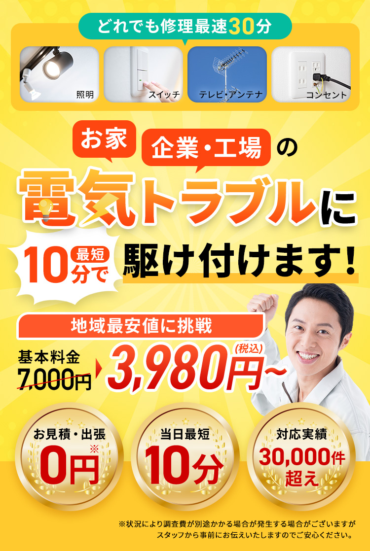 照明・スイッチ・テレビアンテナ・コンセント、どれでも修理最速30分。お家・企業・工場の電気のトラブル最短10分で駆け付けます！地域最安値基本料金7,000円～3,980円（税込）～。お見積り・出張0円。当日最短10分。対応実績30,000件超え。※状況により調査費が別途かかる場合がございますがスタッフから事前にお伝えいたしますのでご安心ください。