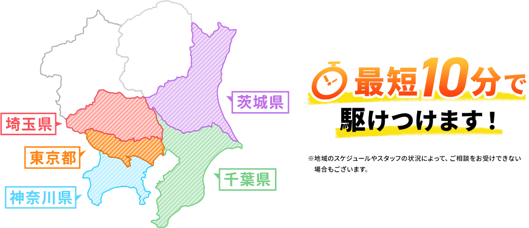 茨城県、埼玉県、千葉県、神奈川県、東京都、最短10分で駆けつけます！