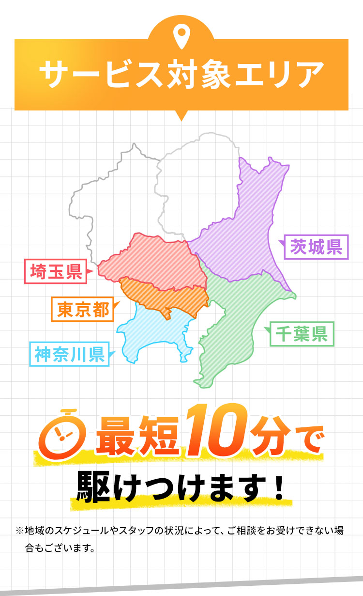 茨城県、埼玉県、千葉県、神奈川県、東京都、最短10分で駆けつけます！
