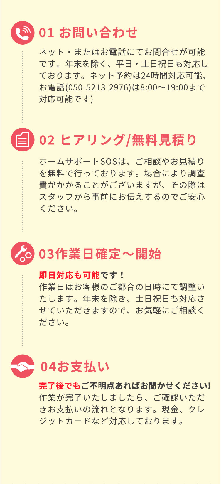 ①お問い合わせネット・またはお電話にてお問合せが可能です。年末を除く、平日・土日祝日も対応しております。ネット予約は24時間対応可能、お電話(050-5213-2976)は8:00～19:00まで対応可能です)②ヒアリング。無料見積もり無料お見積りホームサポートSOSは、ご相談やお見積りを無料で行っております。場合により調査費がかかることがございますが、その際はスタッフから事前にお伝えするのでご安心ください。③作業日確定～開始。即日対応も可能です！作業日はお客様のご都合の日時にて調整いたします。年末を除き、土日祝日も対応させていただきますので、お気軽にご相談ください。④お支払い。完了後でもご不明点あればお聞かせください。作業が完了いたしましたら、ご確認いただきお支払いの流れとなります。現金、クレジットカードなど対応しております。