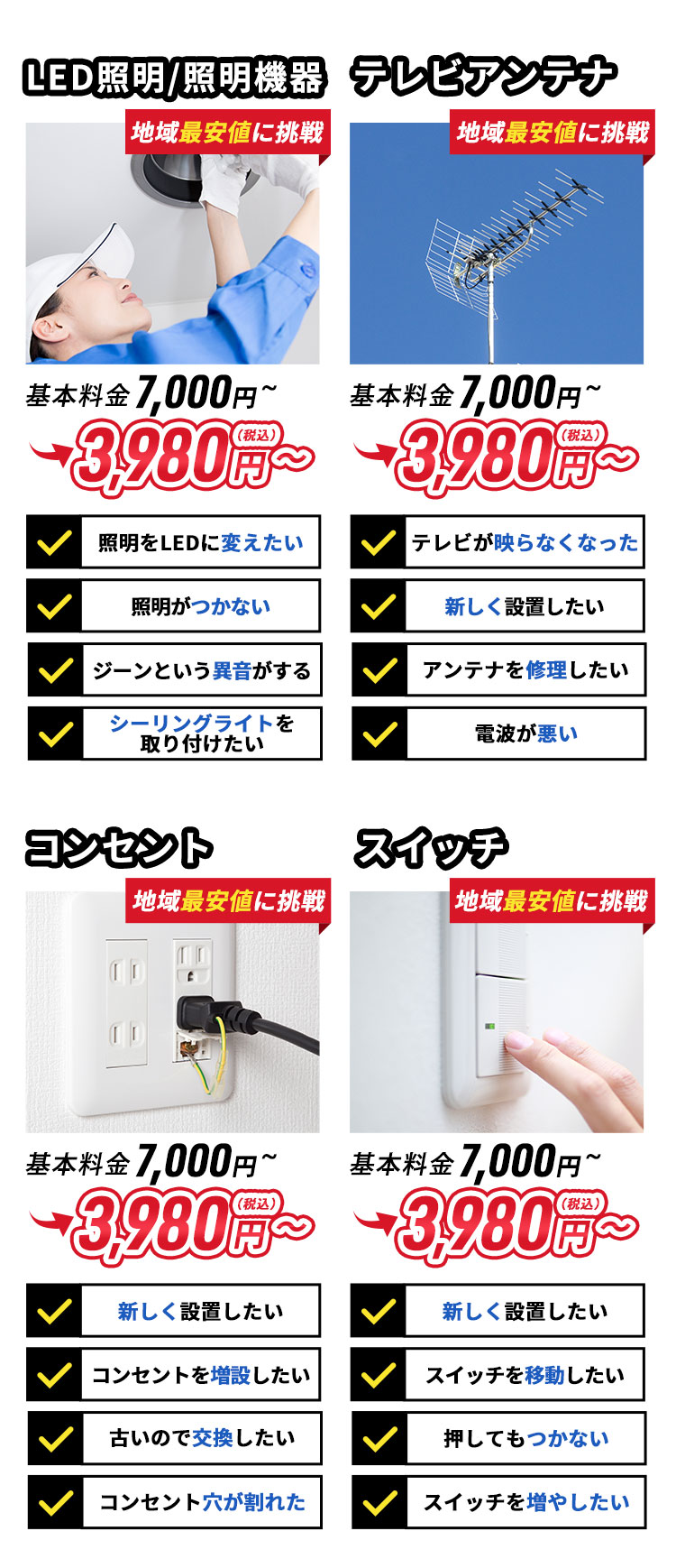 LED照明/照明機器。地域最安値。基本料金7,000円～3,980円（税込）～照明をLEDに変えたい。照明がつかない。ジーンという異音がする。シーリングライトを取り付けたい。テレビアンテナ地域最安値。基本料金7,000円～3,980円（税込）～。テレビが映らなくなった。新しく設置をしたい。アンテナを修理したい。電波が悪い。コンセント。地域最安値。基本料金7,000円～3,980円（税込）～。新しく設置したい。コンセントを増設したい。古いので交換したい。コンセント穴が割れた。スイッチ。地域最安値。基本料金7,000円～3,980円（税込）～。新しく設置したい。スイッチを移動したい。押してもつかない。スイッチを増やしたい。