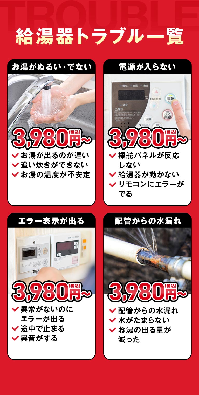給湯器トラブル一覧 お湯がぬるい/でない 電源が入らない エラー表示が出る 配管からの水漏れ 地域最安値に挑戦 3,980円(税込)~