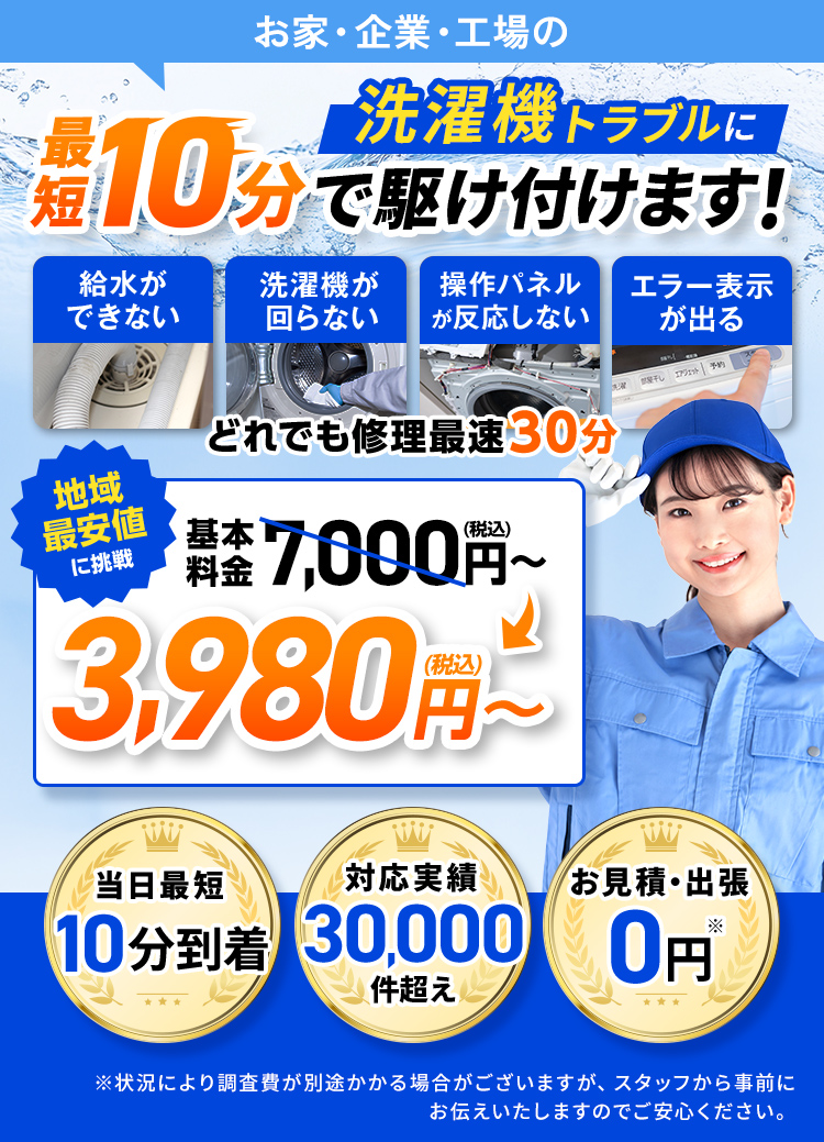 お家・企業・工場の洗濯機のトラブル最短10分で駆け付けます！地域最安値基本料金7,000円～3,980円（税込）～。給水が出来ない修理最速30分。洗濯機が回らない修理最速30分。操作パネルが反応しない修理最速30分。エラー表示が出る修理最速30分。お見積り・出張0円。当日最短10分到着。対応実績30,000件超え。※状況により調査費が別途かかる場合がございますがスタッフから事前にお伝えいたしますのでご安心ください。